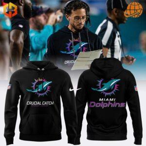 Miami Dolphins Crucial Catch Hoodie front and back view, with sideline image of person wearing the hoodie.