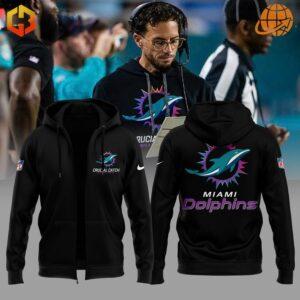 Miami Dolphins Crucial Catch Hoodie in pullover and zip-up styles, with sideline image.