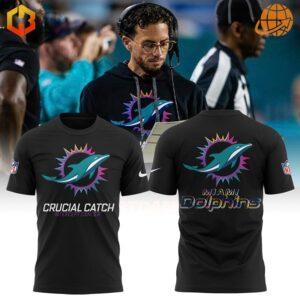 "Limited edition Miami Dolphins black performance tee with colorful gradient team emblem