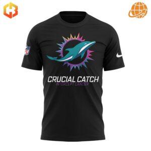 Black Miami Dolphins cancer awareness t-shirt with front and back gradient design elements