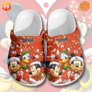 Winter-themed Mickey Minnie Mouse Custom Crocs Shoes with Mickey, Minnie, Donald Duck, snowflakes, and custom name option.