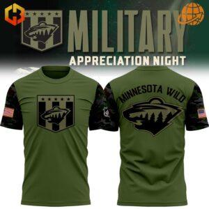 Military Appreciation Minnesota Wild Shirt in olive green with camouflage sleeves, displaying team logos on front and back for a special event night.