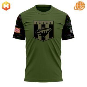 Military Appreciation Minnesota Wild Shirt showing olive green body, camouflage sleeves, and military-style team logo with flag patch.