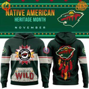 Front and back views of Minnesota Wild Native American Heritage Month Hoodie featuring tribal-inspired designs, team logo, and dreamcatcher motif.