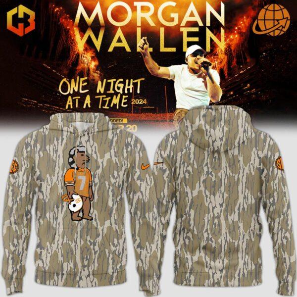 Front and back view of Morgan Wallen Mossy Oak Hoodie with cartoon graphic and camouflage design.