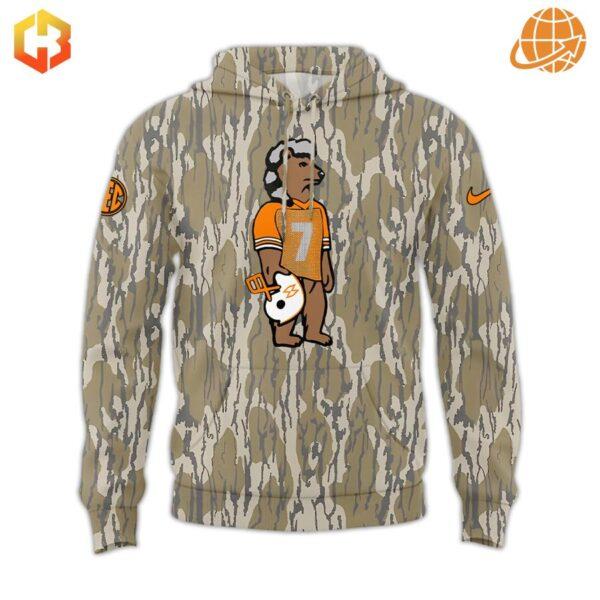 Morgan Wallen Mossy Oak Hoodie with cartoon graphic and camouflage pattern.