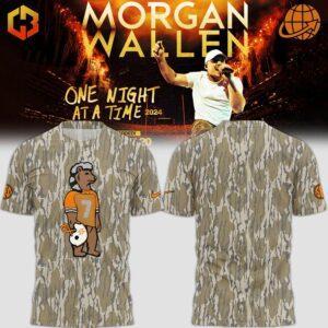 Front and back view of Morgan Wallen Mossy Oak T-Shirt with cartoon graphic and camouflage design.