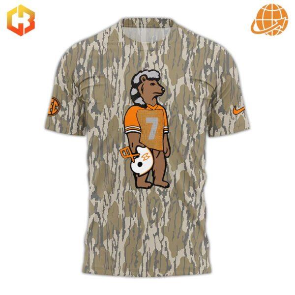 Front view of Morgan Wallen Mossy Oak T-Shirt with cartoon graphic and camouflage pattern.