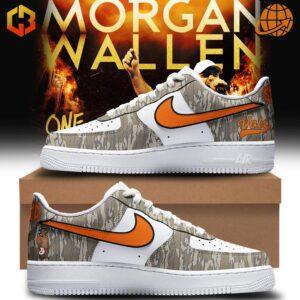 Close-up of sneakers with Mossy Oak design and Morgan Wallen branding