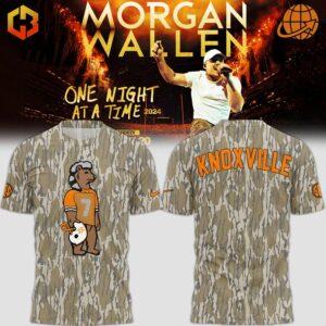 Mossy Oak Morgan Wallen Camo Shirt with cartoon mascot on front and "KNOXVILLE" on back, displayed with concert tour promotional image.