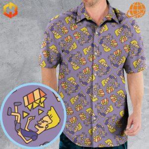 Nachos Rule Beavis and Butthead Hawaiian Shirt worn by model, displaying purple fabric with yellow cartoon motifs.