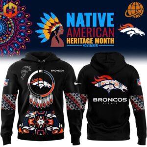 Denver Broncos Native American Heritage Month hoodie design, featuring intricate patterns and team logo integrated with Native American art elements.