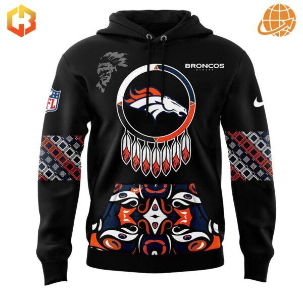 Front view of Denver Broncos Native American Heritage Month hoodie with dreamcatcher logo and Native American-inspired designs.