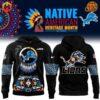 Front and back view of Native American Heritage Month Detroit Lions Hoodie with colorful Native American designs and Lions logos.