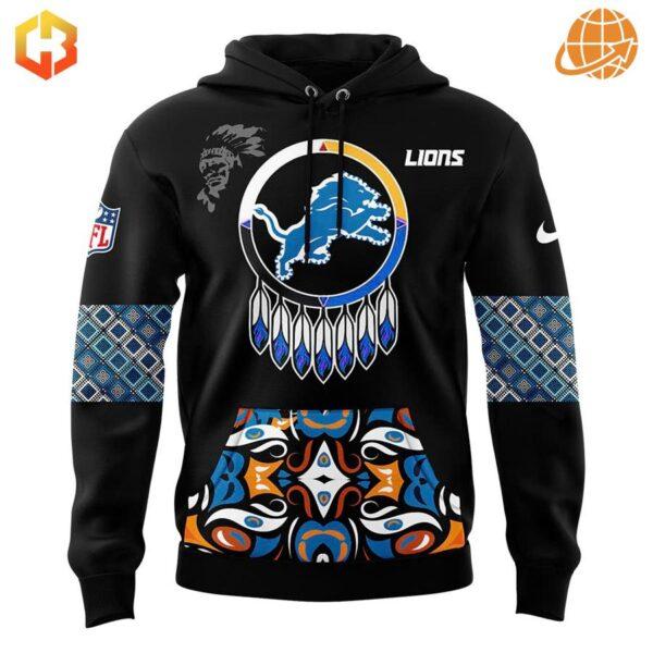 Front view of Native American Heritage Month Detroit Lions Hoodie with colorful patterns and Lions logo.