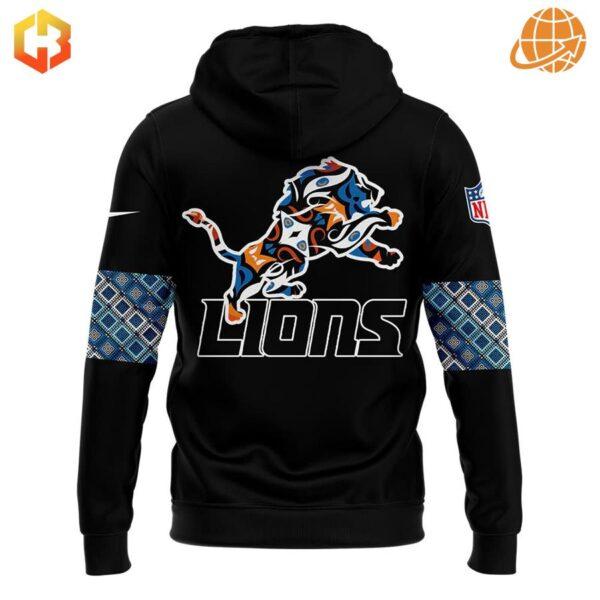 Back view of Native American Heritage Month Detroit Lions Hoodie with colorful Lions logo and Native American patterns.