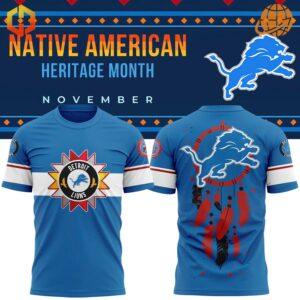 Front and back view of Native American Heritage Month Detroit Lions Shirt, featuring sun emblem on front and dreamcatcher design on back, with Lions logo integrated in both, set against promotional banner.