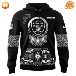 The front view of the Native American Heritage Month Las Vegas Raiders Hoodie captures its bold graphics and eye-catching design.