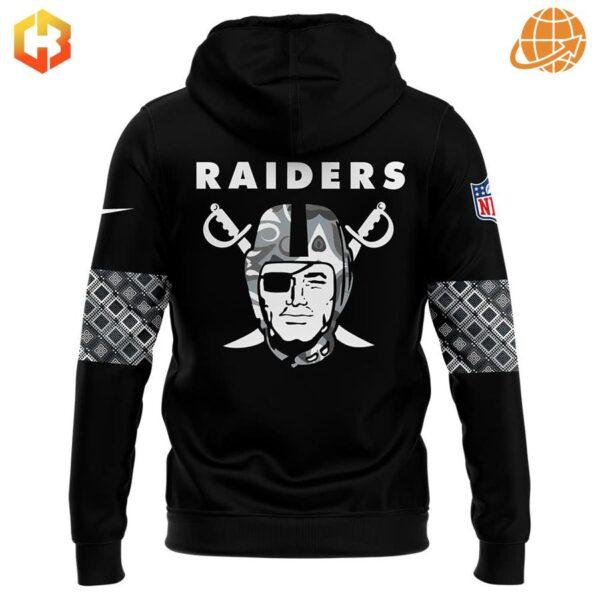 The back view of the Native American Heritage Month Las Vegas Raiders Hoodie highlights the striking Raiders logo and colorful design elements.