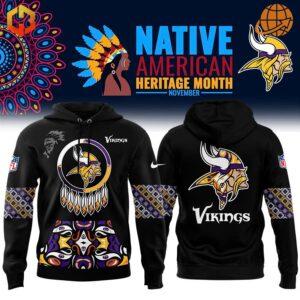 Winter Warrior Minnesota Vikings Hoodie in black with the Vikings logo and Native American-inspired designs.