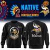 Native American Heritage Month Minnesota Vikings Sweatshirt with front and back designs featuring team logo integrated with Native American symbols.