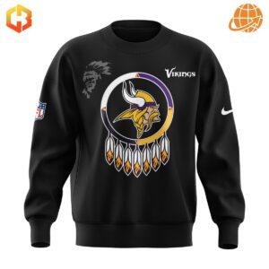 Close-up of Native American Heritage Month Minnesota Vikings Sweatshirt front design featuring team logo in dreamcatcher motif.