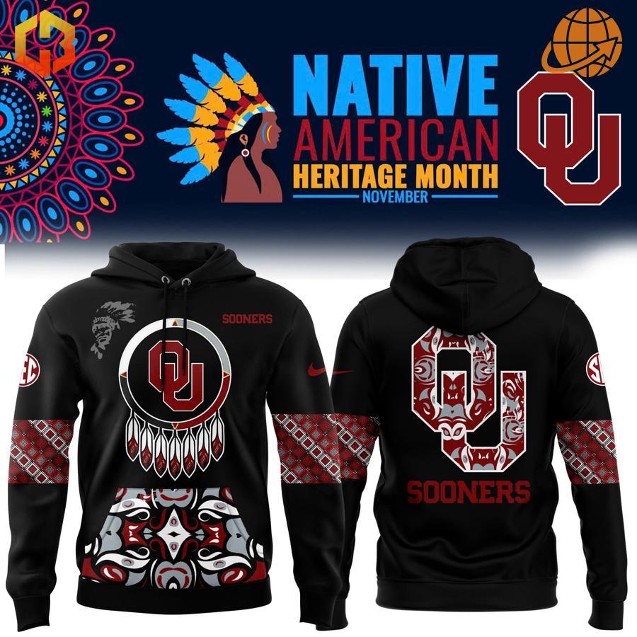 Front and back view of the Native American Heritage Month Oklahoma Sooners Hoodie, showcasing intricate Native American designs and the Oklahoma Sooners logo.