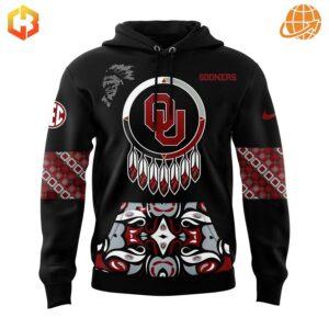 Front view of the Native American Heritage Month Oklahoma Sooners Hoodie, highlighting the Native American designs and the Oklahoma Sooners logo.