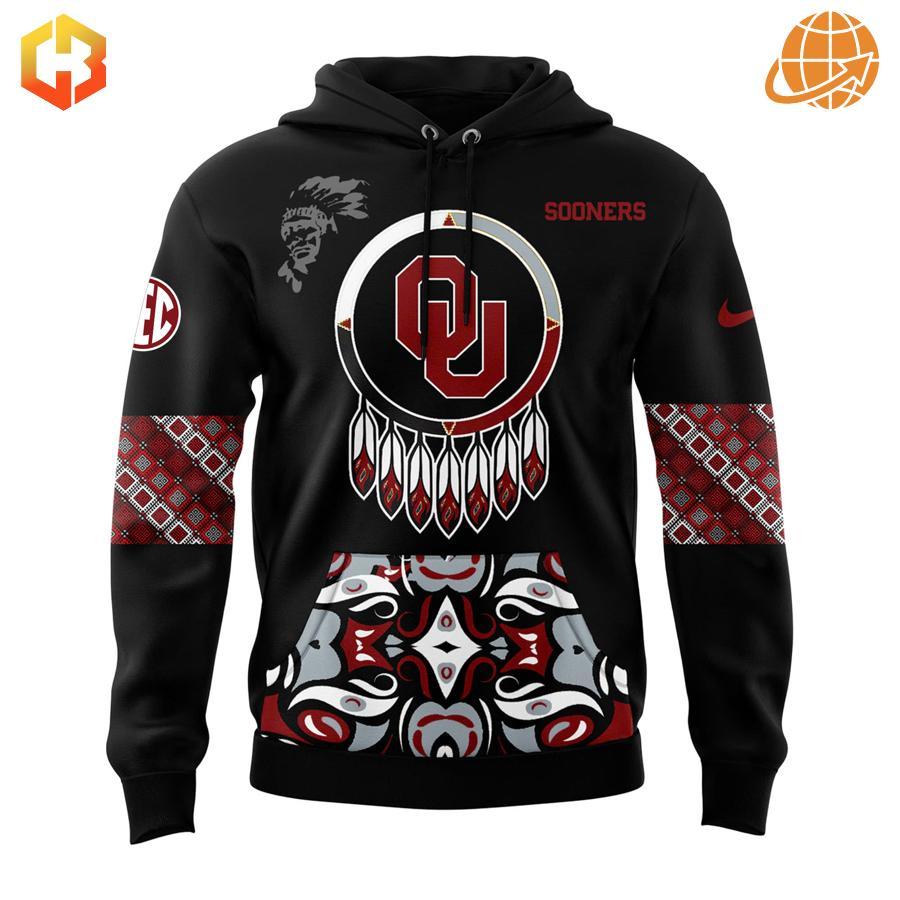 Front view of the Native American Heritage Month Oklahoma Sooners Hoodie, highlighting the Native American designs and the Oklahoma Sooners logo.