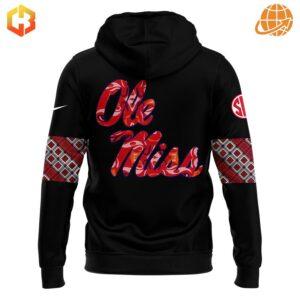 Back view of the Native American Heritage Month Ole Miss Rebels Hoodie showcasing the Ole Miss logo and decorative sleeve patterns.