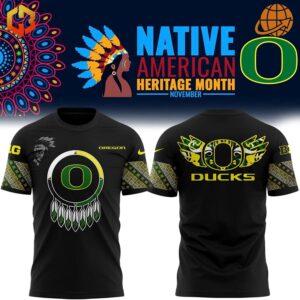 Front and back view of the Native American Heritage Month Oregon Ducks Shirt, featuring intricate Native American patterns and the Oregon Ducks logo.