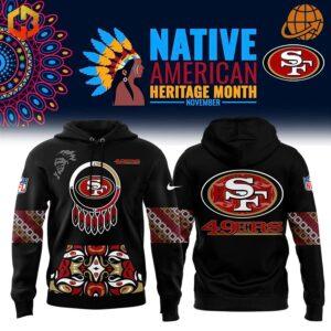 Native American Heritage Month San Francisco 49ers Hoodie with dreamcatcher logo design, traditional patterns, and team branding on black background, showcasing front and back views.