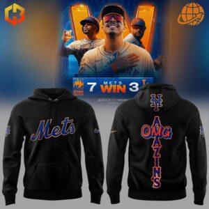 New York Mets Amazin OMG Hoodie in black and blue, with Mets players celebrating a win