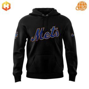 Black New York Mets hoodie with blue and orange Mets script logo on front