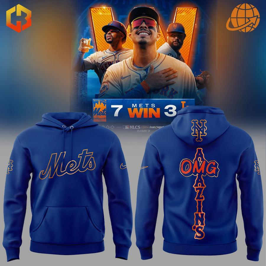 Blue New York Mets hoodie with orange Mets logo on front and "AMAZINS OMG" design on back