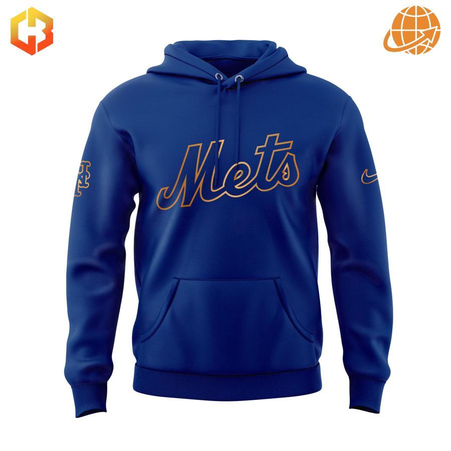 Close-up of blue New York Mets hoodie with orange outlined Mets script logo