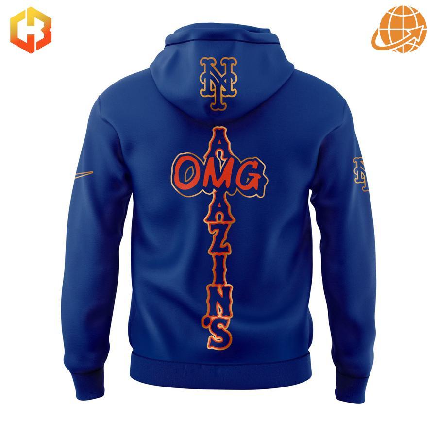 Back of blue New York Mets hoodie with orange "AMAZINS OMG" design and team logo on hood