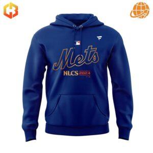 Front view of the New York Mets NLCS OMG Hoodie in blue with Mets logo and NLCS 2024 text.