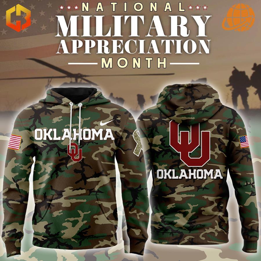 Oklahoma Sooners Military Appreciation Hoodie with camouflage pattern, displaying front and back designs for National Military Appreciation Month.