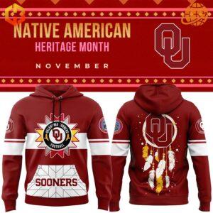 Oklahoma Sooners Native American Heritage Month Hoodie in crimson red with dreamcatcher design and team logo.