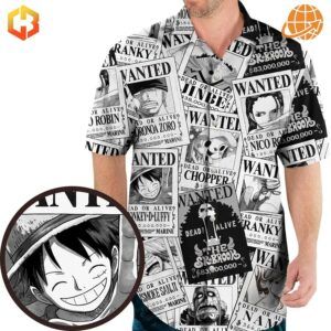 One Piece Characters Wanted Hawaiian Shirt with all-over print of anime character wanted posters, modeled on person with close-up detail.