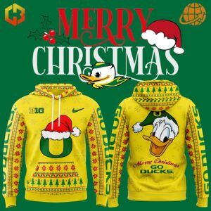 Two Oregon Ducks Christmas hoodies displaying Santa hat and mascot designs on yellow background.