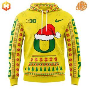 Show your Ducks spirit this holiday season with our festive "O" logo Santa hat hoodie!