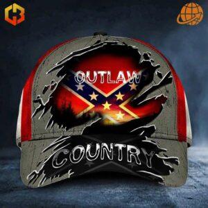 Outlaw Country Civil War Flag Patriotic Cap" with distressed Civil War flag graphic and bold text.