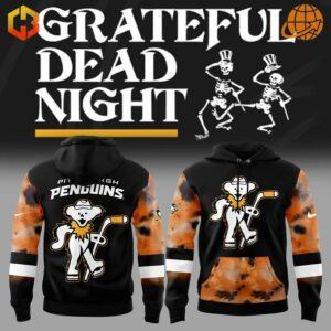 Pittsburgh Penguins Grateful Dead Night Hoodie featuring dancing bear mascot, tie-dye sleeves, and Grateful Dead-inspired logo.