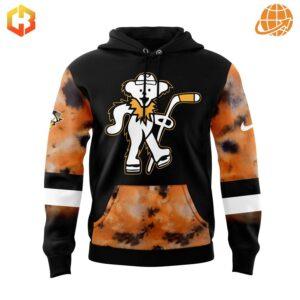 Front view of Pittsburgh Penguins Grateful Dead Night Hoodie with dancing bear mascot and tie-dye sleeves.