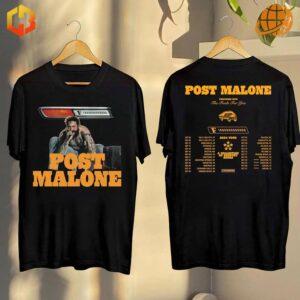 Post Malone F1 Trilion Shirt displaying front design with artist image and fuel gauge graphic, and back design featuring tour dates for "The Twelve Carat Tour".