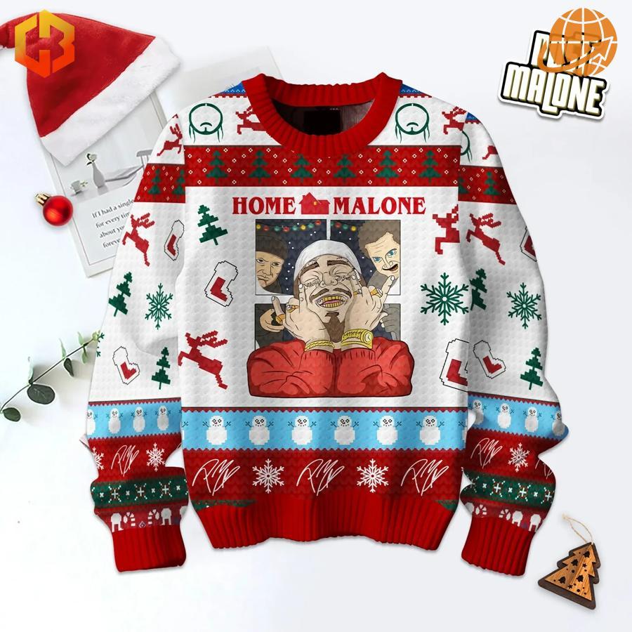 Post Malone Home Malone Christmas Sweater displayed with holiday accessories including Santa hat and ornaments