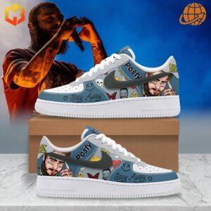 Post Malone Posty Nike Air Force Shoes with custom artwork, displayed next to an image of Post Malone performing.