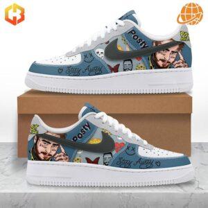 Detailed side view of Post Malone Posty Nike Air Force Shoe, showcasing custom artwork and classic silhouette.